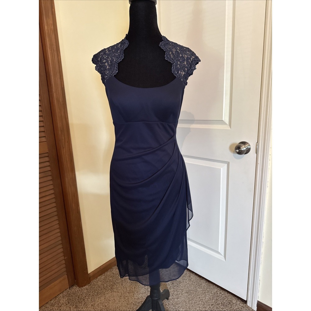 Xscape Dark Blue Sheath Dress With Lace Cap Sleeves Size 4